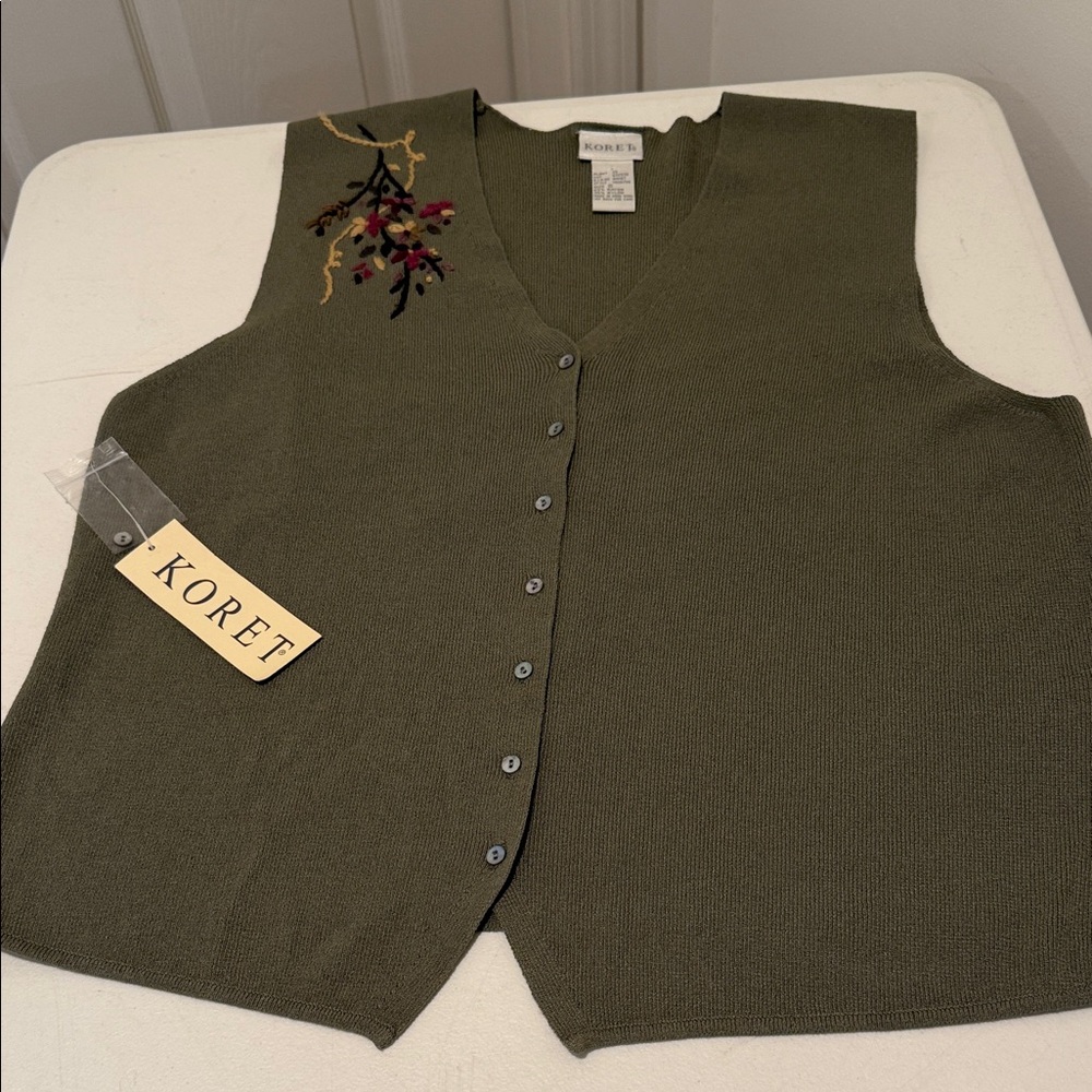 NWT Olive Spring ButtonDown Sweater Vest Embroidered Floral Front Back Detail